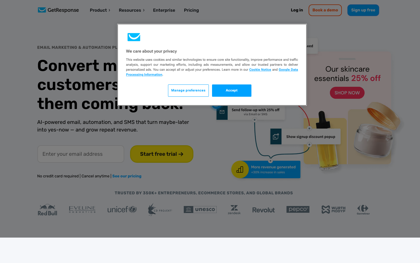 GetResponse email marketing platform homepage