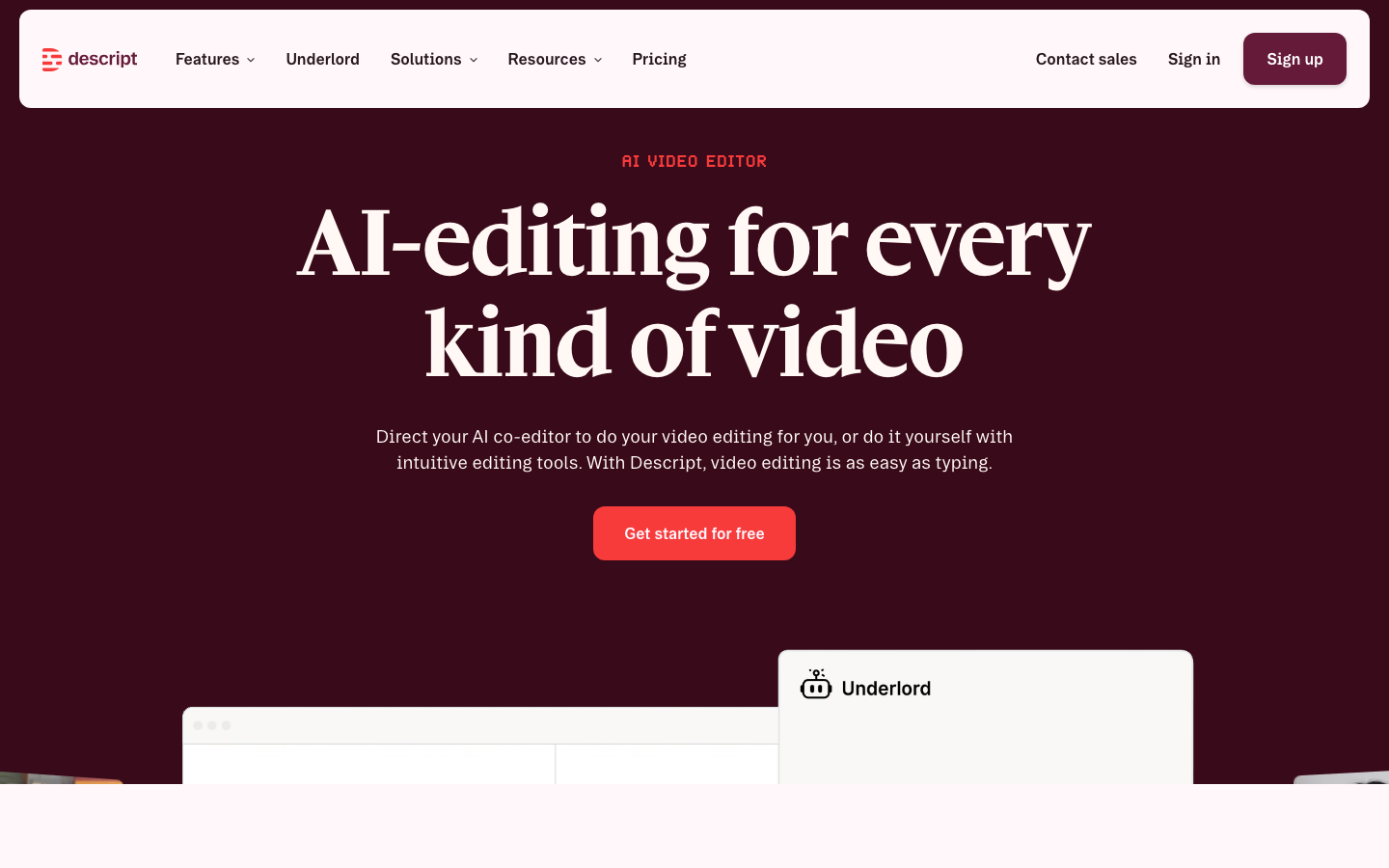 Descript audio and video editing homepage