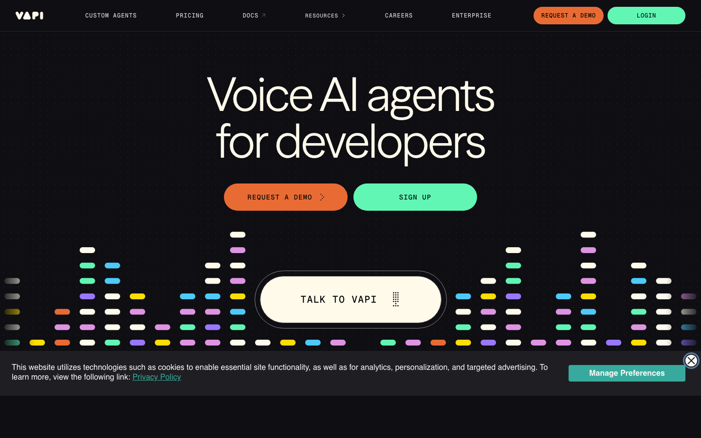 Vapi voice AI infrastructure homepage