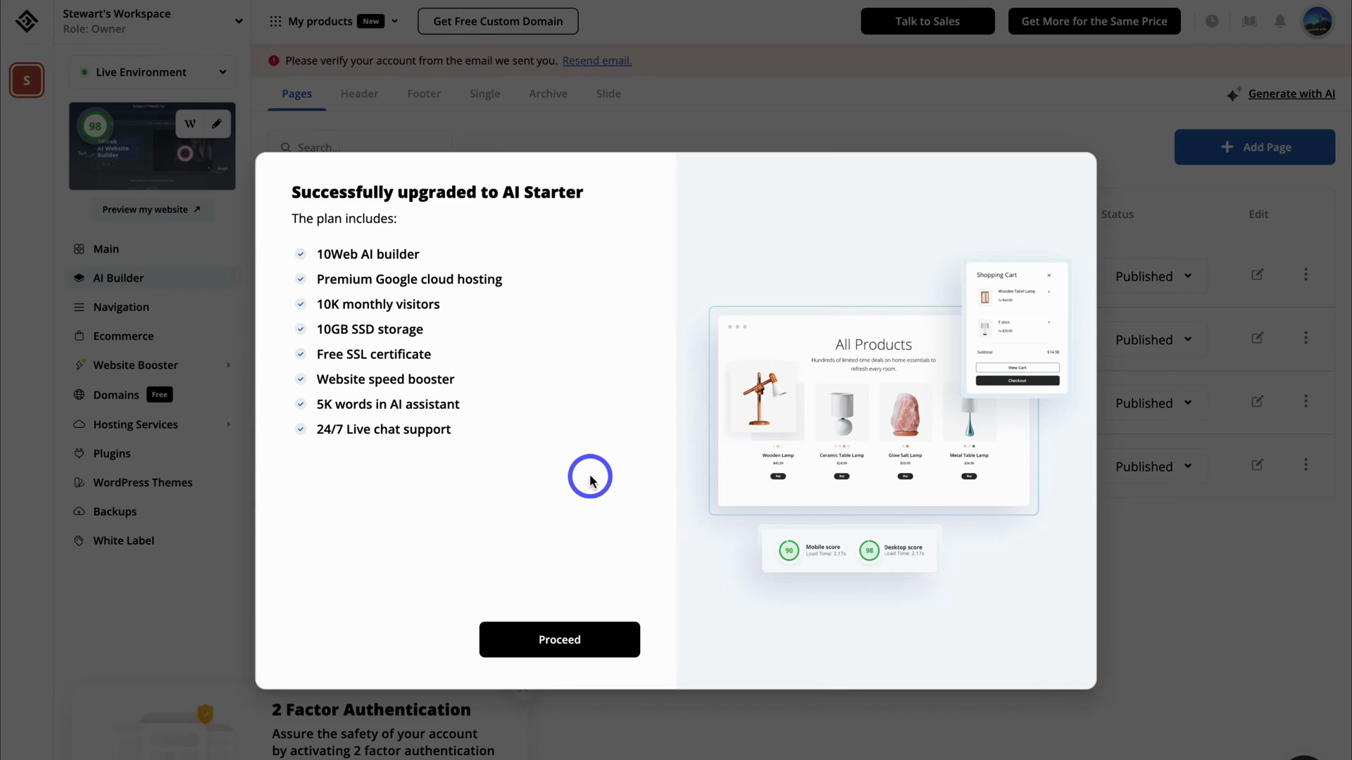 10Web AI Starter plan upgrade modal showing included features with checkmarks for monthly visitors, SSD storage, SSL, and speed booster