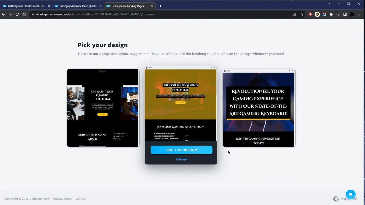 GetResponse AI landing page builder asking for industry and product description before generating designs