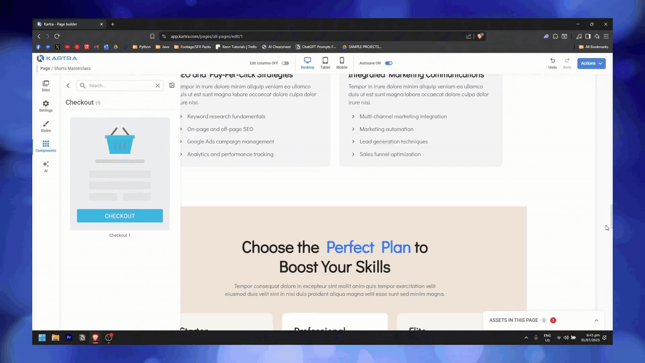 Kartra page builder showing checkout form configuration with product cards, cart section, and pricing plan template