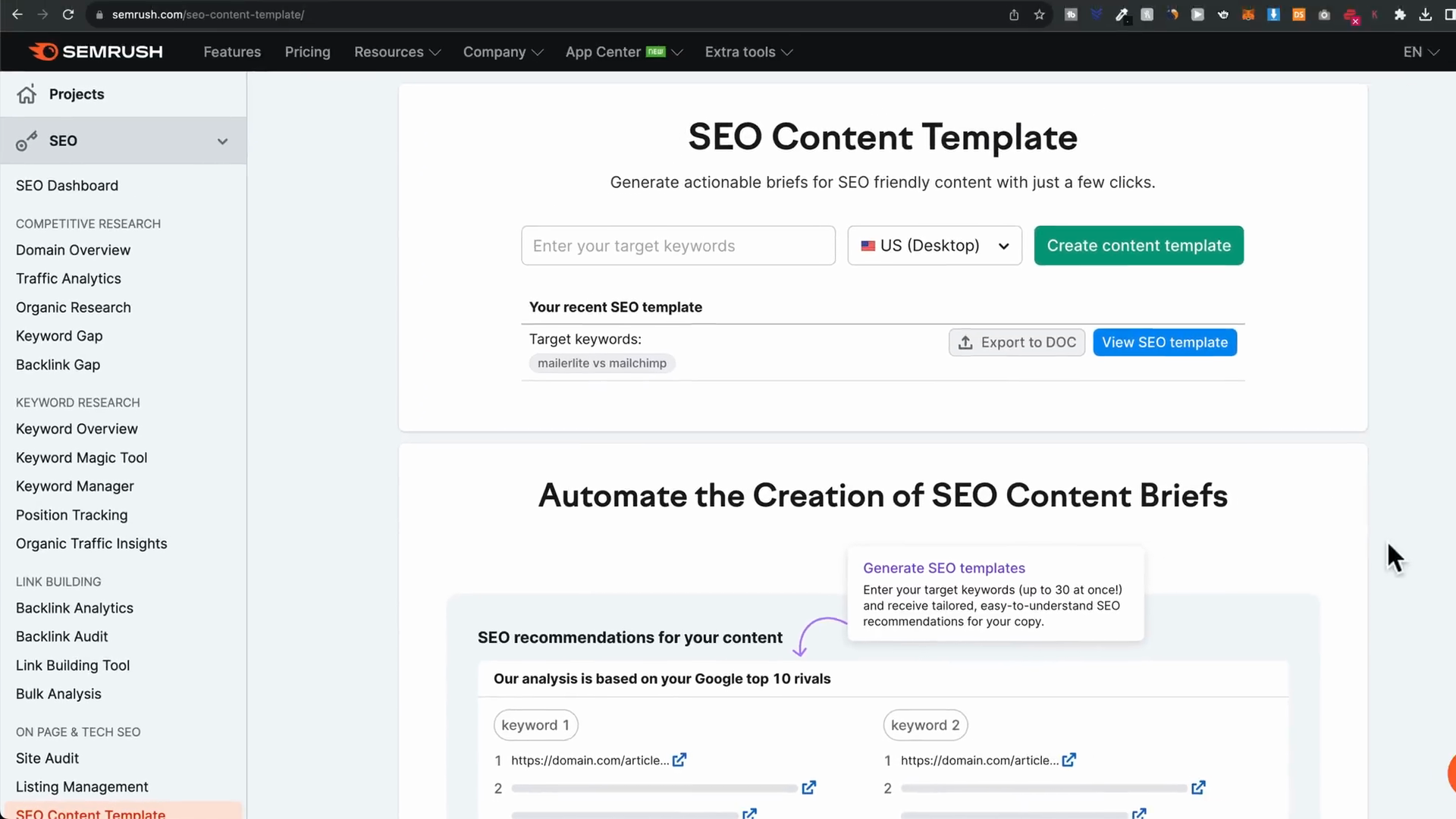 Semrush SEO Content Template page with target keyword input and recent template listing showing keyword brief generation with semantic terms competitor URLs and readability targets